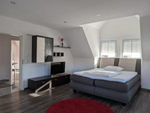 Landhaus Hotel Müller في Ringheim: غرفة نوم بها سرير وأريكة وتلفزيون