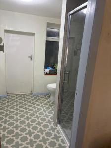 e bagno con servizi igienici e porta doccia in vetro. di Windsor View a Hebden Bridge