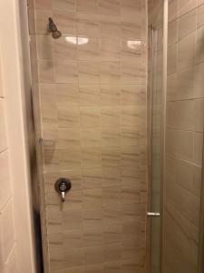 een douche met een glazen deur in een badkamer bij Woodfield Lodge Apartments in Blackpool