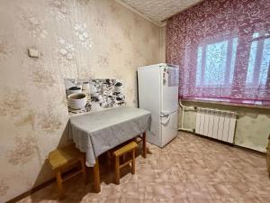 a kitchen with a refrigerator and a table and a window at Apartmány Cestovatele in Jáma František