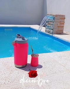 a pink trash can next to a swimming pool at Casa Daia con cochera y piscina in Resistencia