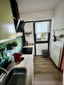 uma pequena cozinha com um lavatório e uma janela em Schwarzwald Martini em Sasbachwalden