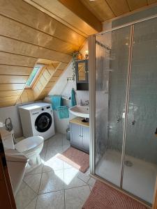 a bathroom with a shower and a toilet and a sink at Meerzeit 6 in Hohenkirchen +18 photos