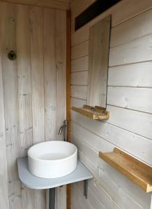 een badkamer met een witte wastafel en een spiegel bij Chalet La Bienvenue in Vouzon