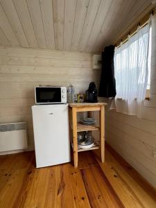 een magnetron bovenop een koelkast in een kamer bij Chalet La Bienvenue in Vouzon