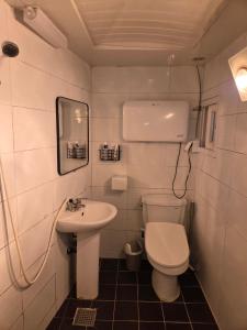 a small bathroom with a toilet and a sink at Moomoo House in Busan