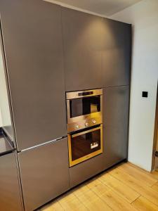 een keuken met een roestvrijstalen koelkast met oven bij 1949 Luxury Apartment in Ashalebotwe +43 foto's