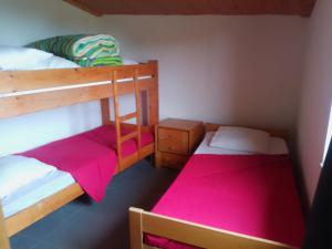 two bunk beds in a small room with pink sheets at La vie en Rosans - The upperhouse in Saint-André-de-Rosans +22 photos
