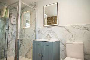 een badkamer met wastafel, douche en toilet bij Gelli Genlas Aberaeron in Synod +22 foto's