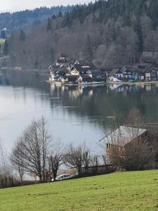 een uitzicht op een meer met huizen en bomen bij Au Doubs lac in Malbuisson