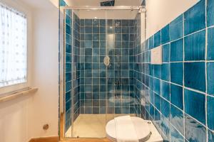 ein blau gefliestes Bad mit einem WC und einer Dusche in der Unterkunft La casetta dell'amore di Mimmi in Castel Viscardo + 16 Fotos