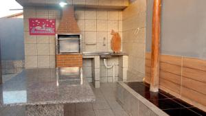 um gato laranja sentado em uma bancada na cozinha em Casa com Piscina e Churrasqueira em Baixio em Baixio