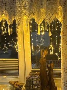 a window with christmas lights in a room at Agroturystyka Wiejska Przystań Bory Tucholskie in Słupy