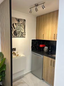 a kitchen with a zebra picture on the wall at Blue Horizon Studio in Peyia