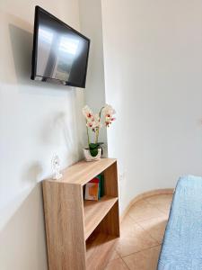 un soggiorno con una TV a parete di La Rocchetta Sunset Apartment a Briatico