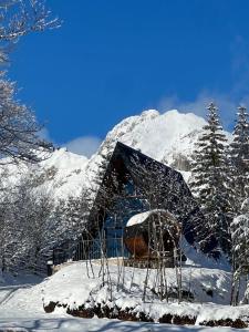una casa cubierta de nieve frente a una montaña en Villa Lazar, en Žabljak