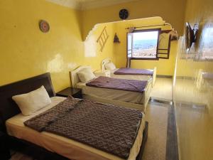 two beds in a room with yellow walls at Gypsy Surf Maroc Hostel in Tamraght Ouzdar