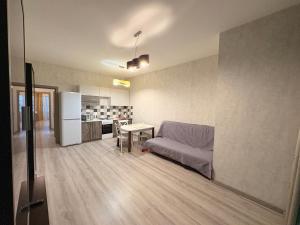 Apple city في Prigorodnyy: غرفة معيشة مع أريكة ومطبخ