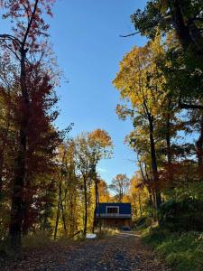 a house on a road in the middle of a forest at Shatemuc, a magical getaway on the Hudson River in Kingston