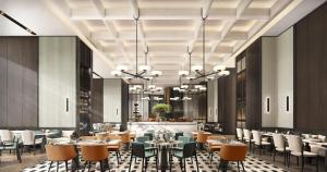 a rendering of a restaurant with tables and chairs at Crowne Plaza Linyi Olympic Sports Centre by IHG in Linyi