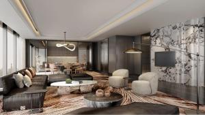 a rendering of a living room with furniture and a tv at Crowne Plaza Linyi Olympic Sports Centre by IHG in Linyi