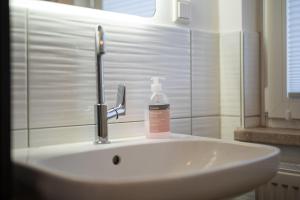 a bathroom sink with a soap bottle on it at Ferienwohnung-Finn-EG in Rechlin +25 photos