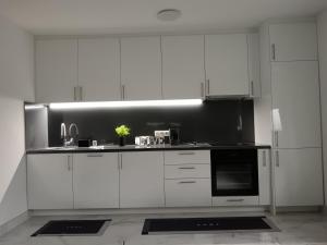 a kitchen with white cabinets and a black and white appliances at SPA APARTMAN "SaUna" in Prijedor