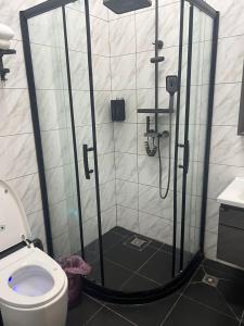 een douchecabine in een badkamer met een toilet bij Lan Ting massage hotel in Dar es Salaam