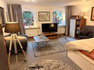 a living room with a bed and a television at Sophie in Lübeck