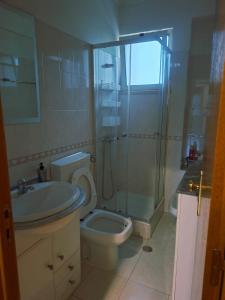 Un baño con ducha, inodoro y lavabo. en Deluxe Room Santarém, en Santarém
