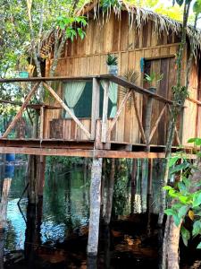a wooden bridge over a body of water at Hotel Arara Azul in Manaus