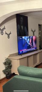 Una habitación con un televisor con astas en la pared. en MZ Maison de la Place, en Eptalofos