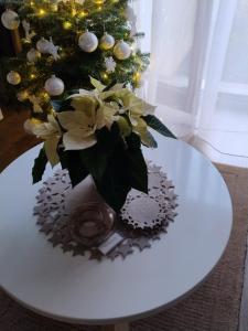 Apartament Bimba & Free Parking في بوزنان: طاولة بيضاء عليها شجرة عيد الميلاد