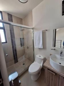 Los BledalesCasa Brisa的带淋浴、马桶和水槽的浴室