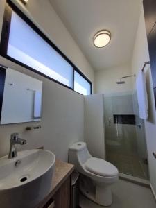 Los BledalesCasa Cielo的带水槽、马桶和窗户的浴室