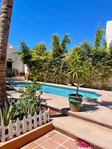 una piscina con una recinzione bianca e una palma di Casa Flor y Agua a La Ardilla