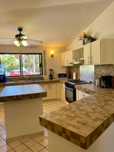 una grande cucina con armadi bianchi e un ventilatore a soffitto di Casa Flor y Agua a La Ardilla Altre 37 foto