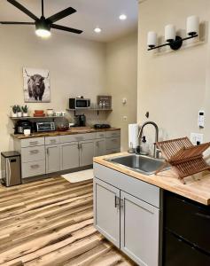 een keuken met een spoelbak en een aanrechtblad bij Spacious studio near Mesilla in Mesilla