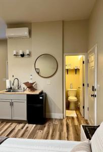 een badkamer met een wastafel, een toilet en een spiegel bij Spacious studio near Mesilla in Mesilla