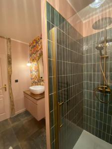 a bathroom with a shower with a sink and a toilet at Le Nid des Cardamines in Sainte-Eusoye +8 photos