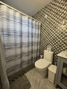 a bathroom with a toilet and a shower curtain at The Spot at Rincon in Rincon +15 photos