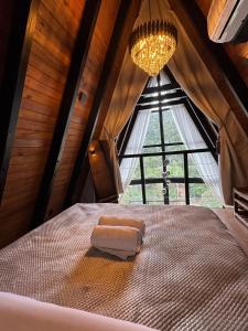 a room with a bed with a chandelier and a window at Cabana Veneza in Santa Teresa +47 photos