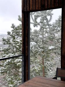 a window with a view of snow covered trees at BarnHouse "Family Estate" in Kamianets-Podilskyi