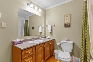 een badkamer met een wastafel, een toilet en een spiegel bij Midstream Flat 2BR Wi-Fi Parking in St. John's +9 foto's
