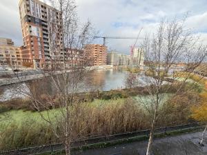 een uitzicht op een rivier in een stad met gebouwen bij Modern flat in Abbey Wood in Abbey Wood