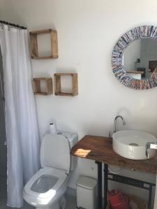 a bathroom with a toilet and a sink and a mirror at Chácara Segredo in Bonito