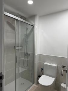a bathroom with a toilet and a glass shower at Hola La Fuente in Puerto de Mogán +16 photos