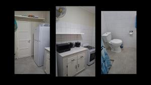 two pictures of a kitchen with a refrigerator and a toilet at Cozy One-person Studio in Willemstad