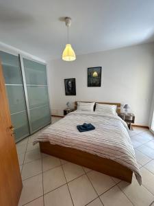 Il Centro Apartments 3 في سالسوماجّوري تيرمي: غرفة نوم بها سرير كبير وطاولتين