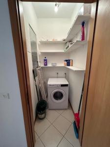 Il Centro Apartments 3 في سالسوماجّوري تيرمي: حمام صغير به غسالة ملابس